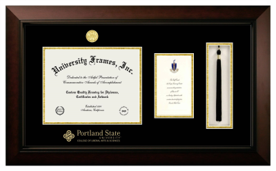 Diploma with Announcement & Tassel Box Frame in Legacy Black Cherry with Black & Gold Mats for DOCUMENT: 8 1/2"H X 11"W  ,  7"H X 4"W  