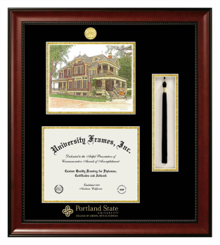 Double Opening with Campus Image & Tassel Box (Stacked) Frame in Avalon Mahogany with Black & Gold Mats for DOCUMENT: 8 1/2"H X 11"W  