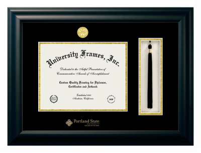 Diploma with Tassel Box Frame in Satin Black with Black & Gold Mats for DOCUMENT: 8 1/2"H X 11"W  