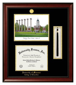 Double Opening with Campus Image & Tassel Box (Stacked) Frame in Avalon Mahogany with Black & Gold Mats for DOCUMENT: 8 1/2"H X 11"W  