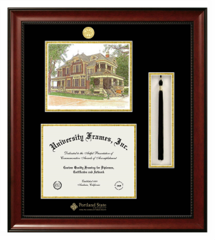 Double Opening with Campus Image & Tassel Box (Stacked) Frame in Avalon Mahogany with Black & Gold Mats for DOCUMENT: 8 1/2"H X 11"W  