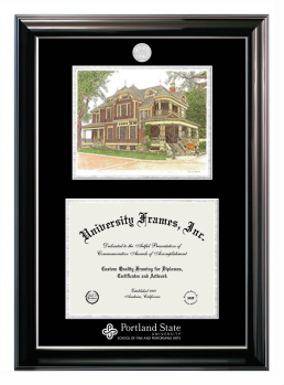 Double Opening with Campus Image (Stacked) Frame in Classic Ebony with Silver Trim with Black & Silver Mats for DOCUMENT: 8 1/2"H X 11"W  