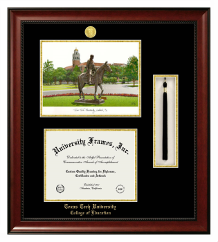 Double Opening with Campus Image & Tassel Box (Stacked) Frame in Avalon Mahogany with Black & Gold Mats for DOCUMENT: 8 1/2"H X 11"W  