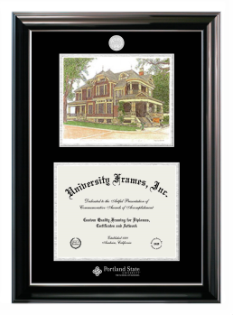 Double Opening with Campus Image (Stacked) Frame in Classic Ebony with Silver Trim with Black & Silver Mats for DOCUMENT: 8 1/2"H X 11"W  