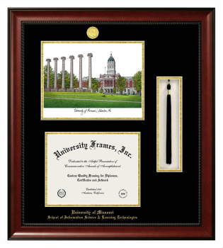 Double Opening with Campus Image & Tassel Box (Stacked) Frame in Avalon Mahogany with Black & Gold Mats for DOCUMENT: 8 1/2"H X 11"W  