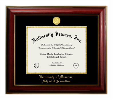 University of Missouri School of Journalism Diploma Frame in Classic Mahogany with Gold Trim with Black & Gold Mats for DOCUMENT: 8 1/2"H X 11"W  