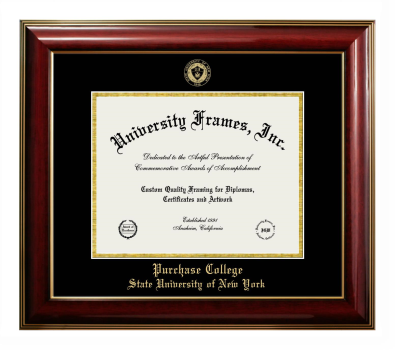 Purchase College State University of New York Diploma Frame in Classic Mahogany with Gold Trim with Black & Gold Mats for DOCUMENT: 8 1/2"H X 11"W  