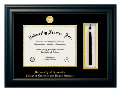 Diploma with Tassel Box Frame in Satin Black with Black & Gold Mats for DOCUMENT: 8 1/2"H X 11"W  