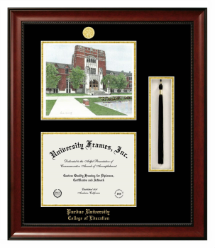 Double Opening with Campus Image & Tassel Box (Stacked) Frame in Avalon Mahogany with Black & Gold Mats for DOCUMENT: 8 1/2"H X 11"W  