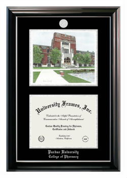 Double Opening with Campus Image (Stacked) Frame in Classic Ebony with Silver Trim with Black & Silver Mats for DOCUMENT: 8 1/2"H X 11"W  