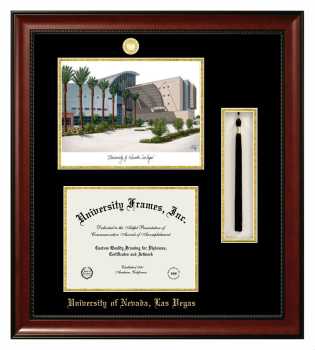 Double Opening with Campus Image & Tassel Box (Stacked) Frame in Avalon Mahogany with Black & Gold Mats for DOCUMENT: 8 1/2"H X 11"W  