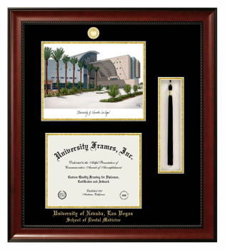 Double Opening with Campus Image & Tassel Box (Stacked) Frame in Avalon Mahogany with Black & Gold Mats for DOCUMENT: 8 1/2"H X 11"W  