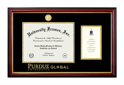 Diploma with Announcement Frame in Petite Mahogany with Gold Trim with Black & Gold Mats for DOCUMENT: 8 1/2"H X 11"W  ,  7"H X 4"W  