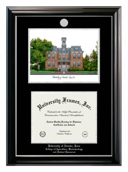 Double Opening with Campus Image (Stacked) Frame in Classic Ebony with Silver Trim with Black & Silver Mats for DOCUMENT: 8 1/2"H X 11"W  