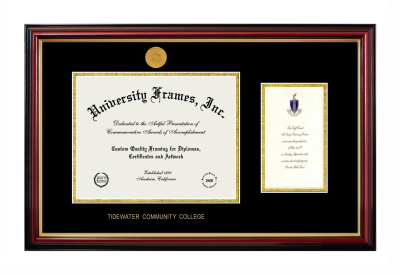 Diploma with Announcement Frame in Petite Mahogany with Gold Trim with Black & Gold Mats for DOCUMENT: 8 1/2"H X 11"W  ,  7"H X 4"W  