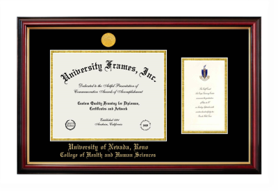 Diploma with Announcement Frame in Petite Mahogany with Gold Trim with Black & Gold Mats for DOCUMENT: 8 1/2"H X 11"W  ,  7"H X 4"W  