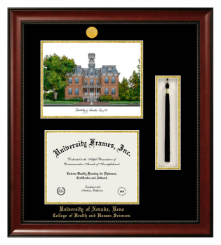 Double Opening with Campus Image & Tassel Box (Stacked) Frame in Avalon Mahogany with Black & Gold Mats for DOCUMENT: 8 1/2"H X 11"W  