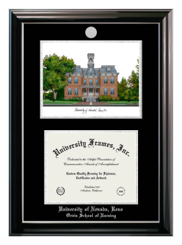 Double Opening with Campus Image (Stacked) Frame in Classic Ebony with Silver Trim with Black & Silver Mats for DOCUMENT: 8 1/2"H X 11"W  