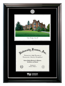 Double Opening with Campus Image (Stacked) Frame in Classic Ebony with Silver Trim with Black & Silver Mats for DOCUMENT: 8 1/2"H X 11"W  