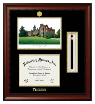 Double Opening with Campus Image & Tassel Box (Stacked) Frame in Avalon Mahogany with Black & Gold Mats for DOCUMENT: 8 1/2"H X 11"W  