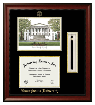 Double Opening with Campus Image & Tassel Box (Stacked) Frame in Avalon Mahogany with Black & Gold Mats for DOCUMENT: 8 1/2"H X 11"W  