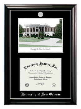 Double Opening with Campus Image (Stacked) Frame in Classic Ebony with Silver Trim with Black & Silver Mats for DOCUMENT: 8 1/2"H X 11"W  