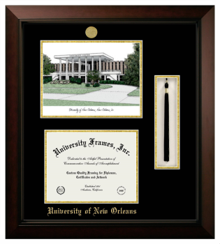 Double Opening with Campus Image & Tassel Box (Stacked) Frame in Legacy Black Cherry with Black & Gold Mats for DOCUMENT: 8 1/2"H X 11"W  