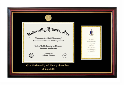 Diploma with Announcement Frame in Petite Mahogany with Gold Trim with Black & Gold Mats for DOCUMENT: 8 1/2"H X 11"W  ,  7"H X 4"W  