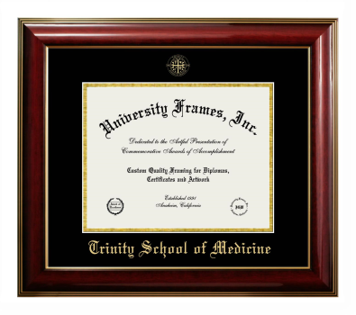 Trinity School of Medicine Diploma Frame in Classic Mahogany with Gold Trim with Black & Gold Mats for DOCUMENT: 8 1/2"H X 11"W  