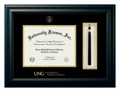 University of North Georgia Diploma with Tassel Box Frame in Satin Black with Black & Gold Mats for DOCUMENT: 8 1/2"H X 11"W  