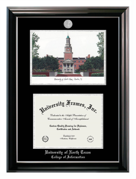 Double Opening with Campus Image (Stacked) Frame in Classic Ebony with Silver Trim with Black & Silver Mats for DOCUMENT: 8 1/2"H X 11"W  