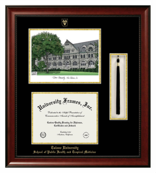 Double Opening with Campus Image & Tassel Box (Stacked) Frame in Avalon Mahogany with Black & Gold Mats for DOCUMENT: 8 1/2"H X 11"W  