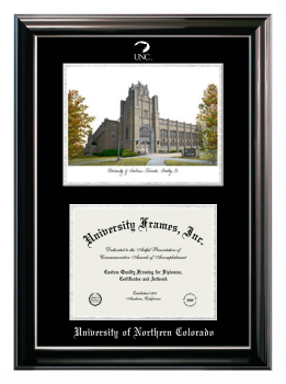 Double Opening with Campus Image (Stacked) Frame in Classic Ebony with Silver Trim with Black & Silver Mats for DOCUMENT: 8 1/2"H X 11"W  