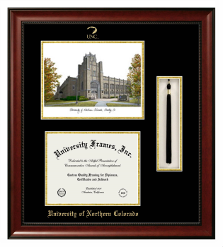 Double Opening with Campus Image & Tassel Box (Stacked) Frame in Avalon Mahogany with Black & Gold Mats for DOCUMENT: 8 1/2"H X 11"W  