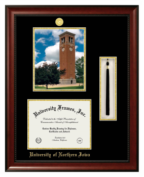 Double Opening with Campus Image & Tassel Box (Stacked) Frame in Avalon Mahogany with Black & Gold Mats for DOCUMENT: 8 1/2"H X 11"W  