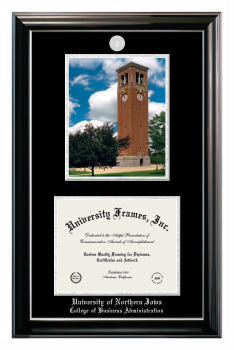 Double Opening with Campus Image (Stacked) Frame in Classic Ebony with Silver Trim with Black & Silver Mats for DOCUMENT: 8 1/2"H X 11"W  