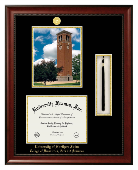 Double Opening with Campus Image & Tassel Box (Stacked) Frame in Avalon Mahogany with Black & Gold Mats for DOCUMENT: 8 1/2"H X 11"W  