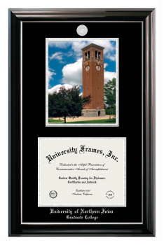 Double Opening with Campus Image (Stacked) Frame in Classic Ebony with Silver Trim with Black & Silver Mats for DOCUMENT: 8 1/2"H X 11"W  