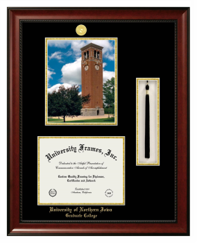 Double Opening with Campus Image & Tassel Box (Stacked) Frame in Avalon Mahogany with Black & Gold Mats for DOCUMENT: 8 1/2"H X 11"W  