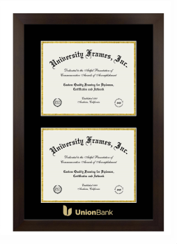 Double Degree (Stacked) Frame in Manhattan Espresso with Black & Gold Mats for DOCUMENT: 8 1/2"H X 11"W  , DOCUMENT: 8 1/2"H X 11"W  