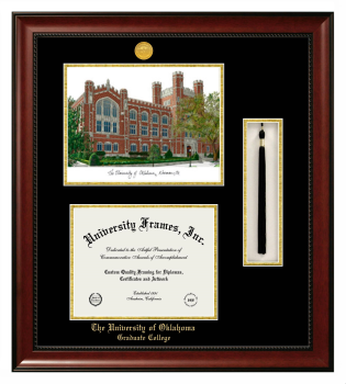 Double Opening with Campus Image & Tassel Box (Stacked) Frame in Avalon Mahogany with Black & Gold Mats for DOCUMENT: 8 1/2"H X 11"W  