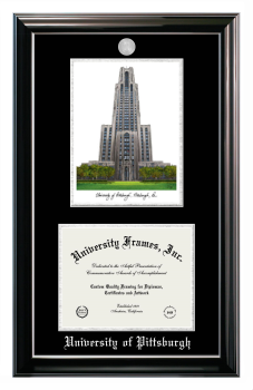 Double Opening with Campus Image (Stacked) Frame in Classic Ebony with Silver Trim with Black & Silver Mats for DOCUMENT: 8 1/2"H X 11"W  