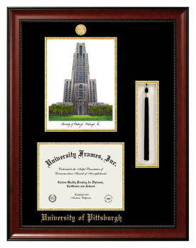 Double Opening with Campus Image & Tassel Box (Stacked) Frame in Avalon Mahogany with Black & Gold Mats for DOCUMENT: 8 1/2"H X 11"W  