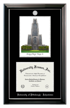 Double Opening with Campus Image (Stacked) Frame in Classic Ebony with Silver Trim with Black & Silver Mats for DOCUMENT: 8 1/2"H X 11"W  