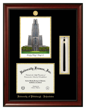 Double Opening with Campus Image & Tassel Box (Stacked) Frame in Avalon Mahogany with Black & Gold Mats for DOCUMENT: 8 1/2"H X 11"W  