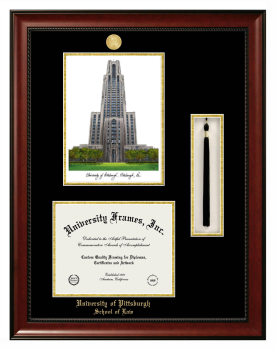 Double Opening with Campus Image & Tassel Box (Stacked) Frame in Avalon Mahogany with Black & Gold Mats for DOCUMENT: 8 1/2"H X 11"W  