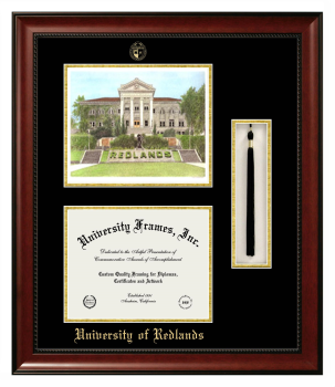 Double Opening with Campus Image & Tassel Box (Stacked) Frame in Avalon Mahogany with Black & Gold Mats for DOCUMENT: 8 1/2"H X 11"W  