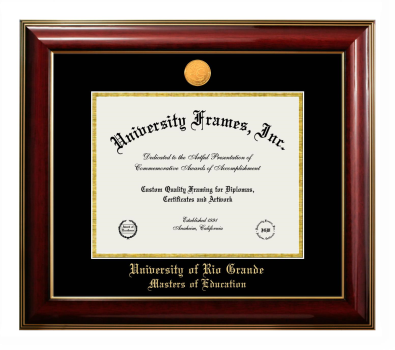 University of Rio Grande Masters of Education Diploma Frame in Classic Mahogany with Gold Trim with Black & Gold Mats for DOCUMENT: 8 1/2"H X 11"W  