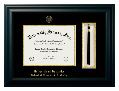 University of Rochester School of Medicine & Dentistry Diploma with Tassel Box Frame in Satin Black with Black & Gold Mats for DOCUMENT: 8 1/2"H X 11"W  