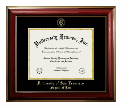 University of San Francisco School of Law Diploma Frame in Classic Mahogany with Gold Trim with Black & Gold Mats for DOCUMENT: 8 1/2"H X 11"W  